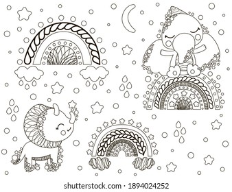 Cute childish set of cute black and white cartoon toddlers dinosaurs pterosaur, triceratops, abstract stylized rainbows, clouds, raindrops, stars, crescent. Outline illustrations for coloring. Vector.