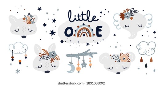 Cute childish set with cartoon baby animals and kids decoration elements. Milestone collection with mice, elephant, wolf, bunny, rainbow, stars and clouds. Baby shower or little one party 