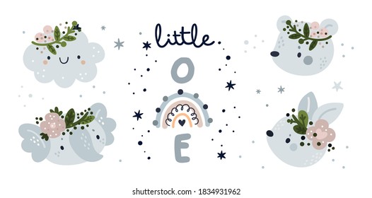 Cute childish set with cartoon characters in scandinavian style. Milestone collection with bear, elephant, bunny, rainbow, stars. Design elements for baby shower, kids birthday party