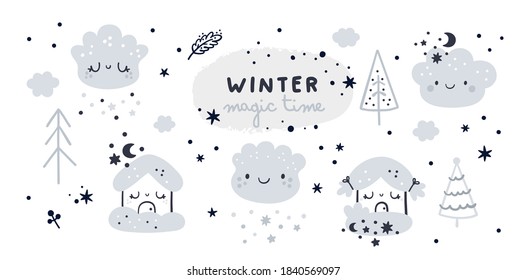 Cute childish set with cartoon houses, clouds and Christmas tree. Magic winter time milestone collection. Nursery prints for textile, cards, poster, decor, kids clothing, room decoration