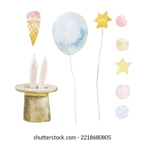 cute childish set with circus elements, party, perfomance collection, clipart