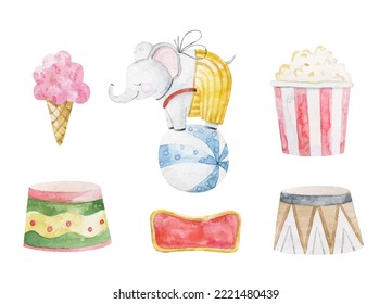 cute childish set with circus elements, party, perfomance collection, clipart