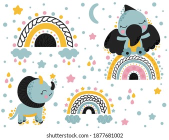 Cute childish set of isolated cute cartoon toddlers dinosaurs pterosaur and triceratops, abstract stylized rainbows, clouds, raindrops, stars, crescent. Clip art for baby products, nursery. Vector.