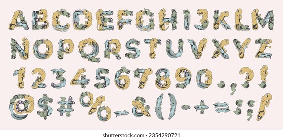 Cute childish set of latin letters, numbers and glyths with animals. Alphabet for kids. Little dragon, fish and frog inscribed to letters.