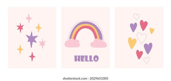 Cute childish set with rainbow, stars and hearts on pink pastel background. Concept of lovely nursery pastel color art. Beautiful style boho print. Flat cartoon vector illustration