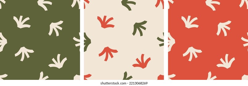 Cute childish set of three christmas seamless patterns with hand drawn doodle elements and pastel colors white green and red, printable for fabric, textile, wrapping paper, stationery, wallpaper