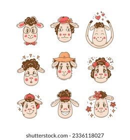 Cute childish sheep animals set. Cartoon doodle style lamb heads. Sheep emoticons. Vector illustration in comic style for baby, kid, print, stickers