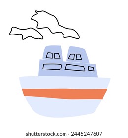 Cute childish ship or boat - vector illustration of sea transport. Can used for poster, greeting card, baby textile, cards. Hand drawn boat in trendy style. 
