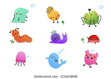 Cute childish simple cartoon characters of different animals set.Vector illustration isolated on white background