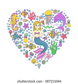 Cute childish simple underwater doodles with fairytale mermaid heart shape vector set