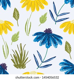 Cute childish sketchy seamless pattern with yellow and blue color flowers and green grass. Colorful floral texture with bright blossoms for kids textile, wrapping paper, background, surface, wallpaper