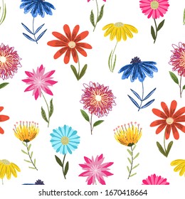 Cute childish sketchy seamless pattern with yellow, pink and blue color flowers on white background. Colorful floral texture with bright blossoms for kids textile, wrapping paper, surface, wallpaper