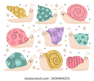 Personajes de caracol infantil lindo animales salvajes con diferentes formas de concha en la ilustración vectorial trasera. Insectos sonrientes felices del jardín, habitante del acuario para los estampados de la ducha del bebé y elemento del diseño del cuarto de niños