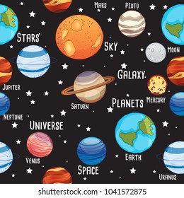 Cute childish solar system planets, seamless pattern background. Vector illustration.