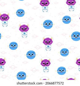 Cute childish space seamless pattern with alien astronaut and planets on white background, ideal for bedding design or wrapping paper, galaxy themed ornament in cartoon style