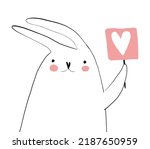 Cute Childish Style Drawing with Sketched Bunny Isolated on a White Background. Funny Hand Drawn Vector Print with Happy Rabbit Holding Pink Plate with Heart. Sweet Nursery Art ideal for Easter.