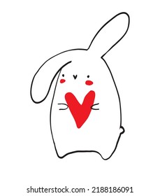 Cute Childish Style Drawing with Sketched Bunny Isolated on a White Background. Funny Hand Drawn Vector Print with Happy Rabbit Holding Red Heart. Sweet Nursery Art ideal for Easter.