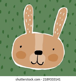 Cute Childish Style Drawing with Sketched Bunny Isolated on a Green Background. Funny Hand Drawn Vector Print with Happy Brown Rabbit Head. Sweet Nursery Art ideal for Easter or Chinese New Year.