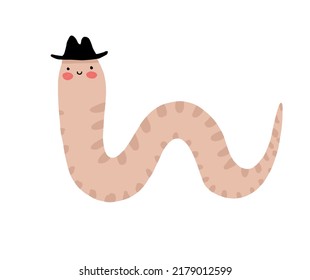 Cute Childish Style Nursery Vector Illustration with Funny Hand Drawn Snake Isolated on a White Background. Gentleman Snake in a Black Hat. Kawaii Style Print ideal for Card, Wall Art, Poster.