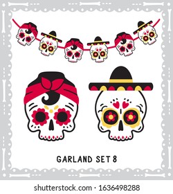 Cute childish sugar skulls set for Dia de los Muertos kids party. Collection for a garland. Vector flat design.