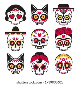 Cute childish sugar skulls set for Dia de los Muertos party. Collection for a garland. Vector flat design isolated on white.