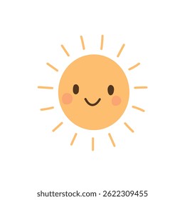Cute childish sun with bright yellow rays and happy face, perfect for summer designs, weather icons, children’s books, and sunny day illustrations.