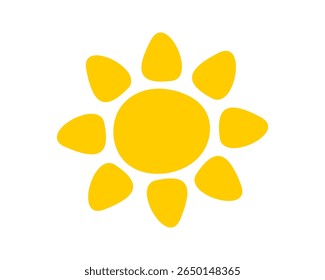 Silhueta de sol infantil bonito isolado no fundo branco. Sunburst, luz solar ou sinal de sol. Símbolo de tema de verão. Conceito de vibrações positivas felizes. Ilustração plana vetorial.