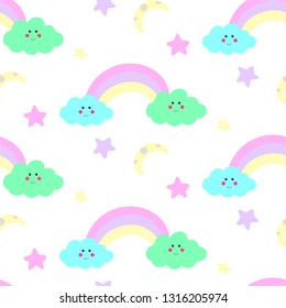 Cute childish sweet Dreams seamless pattern on dark blue. stars and clouds. 