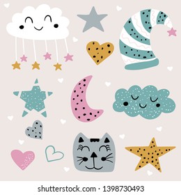 Cute childish sweet dreams stylized art. Good night design clip art. Tender pastel baby colors. Doodle vector illustration.