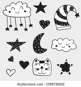 Cute childish sweet dreams symbols. Good night stylized art. Black and white vector illustration.