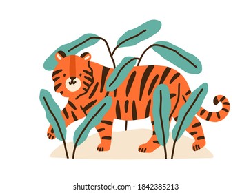 Cute childish tiger cub in jungle plants. Adorable funny exotic animal isolated on white background. Amusing wild feline. Flat vector cartoon simple illustration for t shirt print