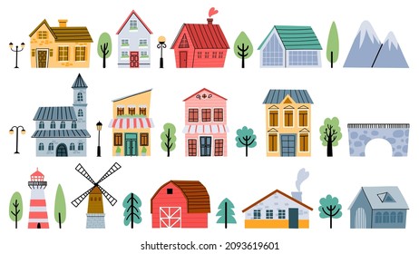 Cute childish town and village buildings, houses and cottages. Cartoon city architecture, bridge, windmill, farm and light house vector set. Illustration of town and village houses