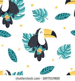 Cute childish tropical seamless pattern with toucan, monstera, flowers, and leaves isolated on white background. Scandinavian style hand drawn vector illustration.