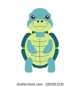 cute childish turtle character in flat style, vector cartoon illustration of funny smiling tortoise, pet isolated on white background