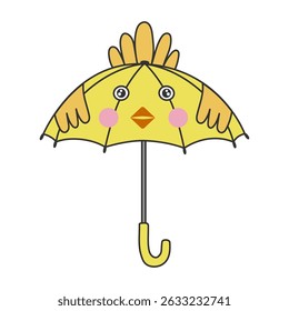 Cute childish umbrella with shape of duck. Funny children umbrella for protection from rain and sun. Flat isolated vector illustration on white background