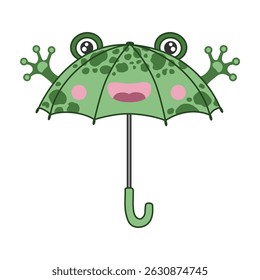 Cute childish umbrella with shape of frog. Funny children umbrella for protection from rain and sun. Flat isolated vector illustration on white background