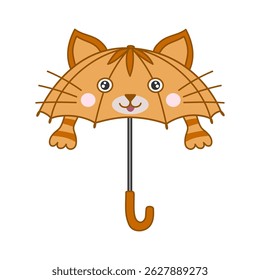 Cute childish umbrella with shape of red cat. Funny children umbrella for protection from rain and sun. Flat isolated vector illustration on white background