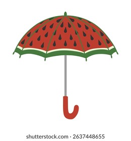 Cute childish umbrella with shape of watermelon. Funny children umbrella for protection from rain and sun. Flat isolated vector illustration on white background