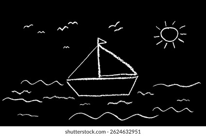 Cute childish vector illustration of a sailboat at sea, drawn with charcoal wax texture on black. Baby style color art featuring birds, sun, and waves in a simple childlike in kindergarden drawing.