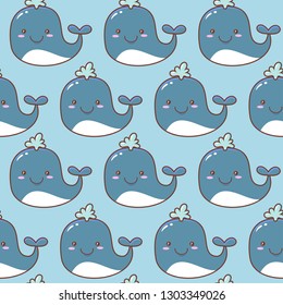 cute childish vector nautical seamless pattern with blue whales. Kawaii background