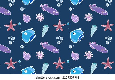 Cute childish vector pattern in nautical style with starfish, fish, shells. Pattern for children's textiles and wrapping paper