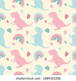 
cute childish vector seamless pattern with dinosaurs (tyrannosaurs) and rainbow in gentle colors. pattern for printing on fabric, clothing, wallpaper, wrapping paper, for nursery