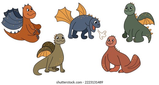 Cute childish vector set with baby dragons.