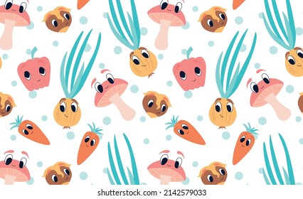 Cute childish vegetable pattern. Colored seamless vector pattern in hand-drawn cartoon style. For printing on textiles, stationery, postcards, wallpapers. Onion, hazelnut, carrot, pepper, mushroom
