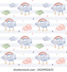 Cute childish wallpaper. Seamless pattern with rainbow and clouds. Watercolor background in pastel colors