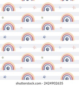 Cute childish wallpaper. Seamless pattern with rainbow and stars. Watercolor background in pastel colors