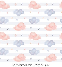 Cute childish wallpaper. Seamless pattern with watercolor rainy clouds and stars. Vector background in pastel colors