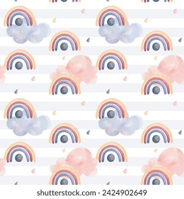 Cute childish wallpaper. Seamless pattern with rainbow and clouds. Watercolor background in pastel colors