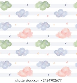 Cute childish wallpaper. Seamless pattern with watercolor clouds. Vector background in pastel colors