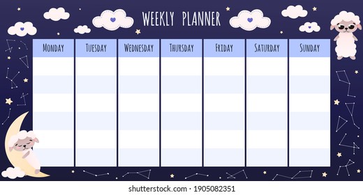 Cute childish weekly planner for kids with animal cartoon sheep characters sleeping. Sweat dreams concept. Night stars and moon with clouds on dark background, schedule template for school, timetable